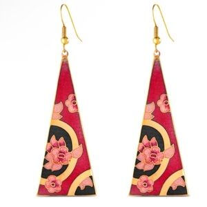 Vintage 80's Cloisonné Red and Gold Triangle Earrings